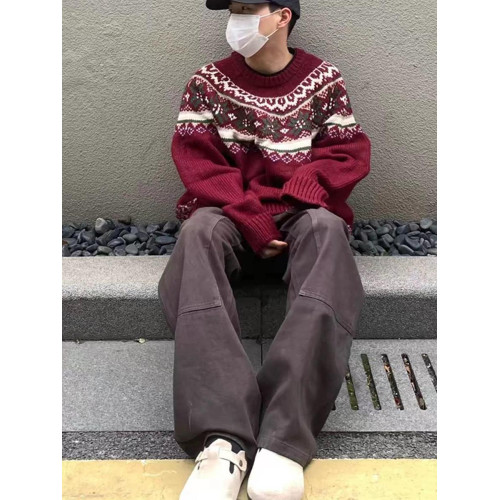 美式慵嬾復古費爾島新年紅色圓領毛衣秋冬男女情侶寬鬆提花針織衫