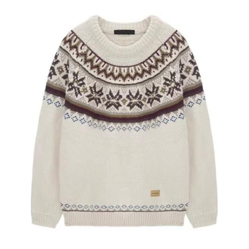 美式慵嬾復古費爾島新年紅色圓領毛衣秋冬男女情侶寬鬆提花針織衫