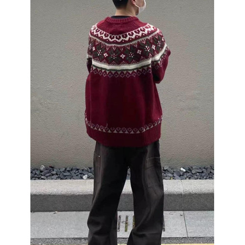 美式慵嬾復古費爾島新年紅色圓領毛衣秋冬男女情侶寬鬆提花針織衫
