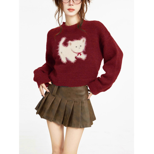 紅色套頭新年針織毛衣女秋冬季本命年正肩加厚聖誕短款設計感小衆