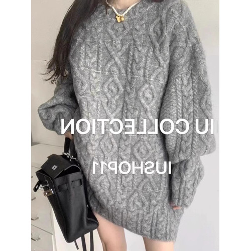 新年本命紅色中長款麻花加厚套頭毛衣女高級感圓領慵嬾風連衣裙