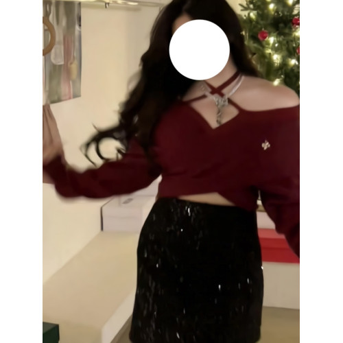 大碼胖妹妹新年紅復古一字肩掛脖針織衫女秋冬交叉設計甜辣妹上衣