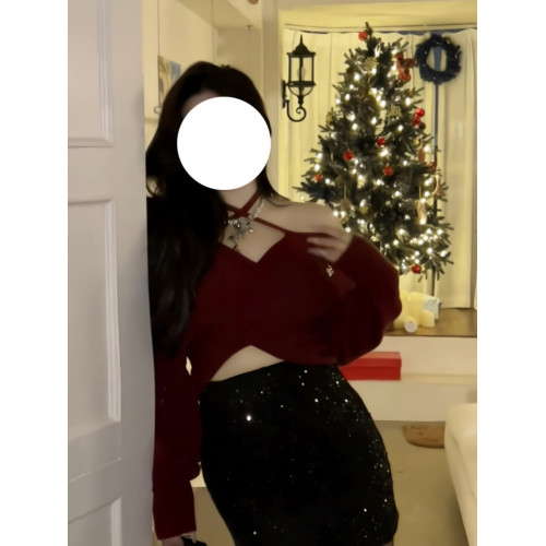 大碼胖妹妹新年紅復古一字肩掛脖針織衫女秋冬交叉設計甜辣妹上衣