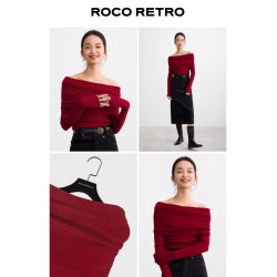 ROCO 新年戰衣 絕美羊毛一字肩露肩針織衫女長袖紅色高級感毛衣