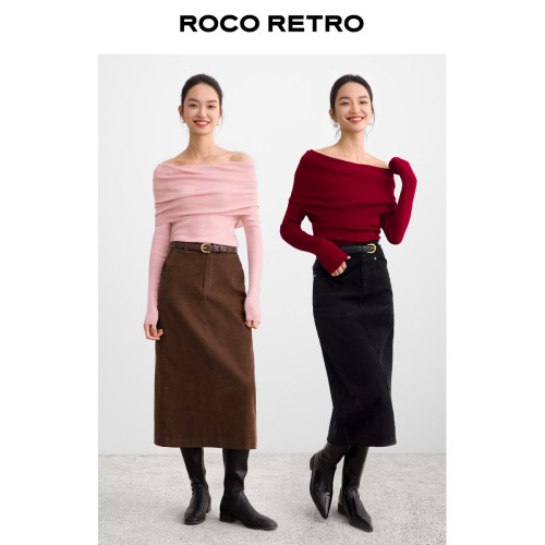 ROCO 新年戰衣 絕美羊毛一字肩露肩針織衫女長袖紅色高級感毛衣