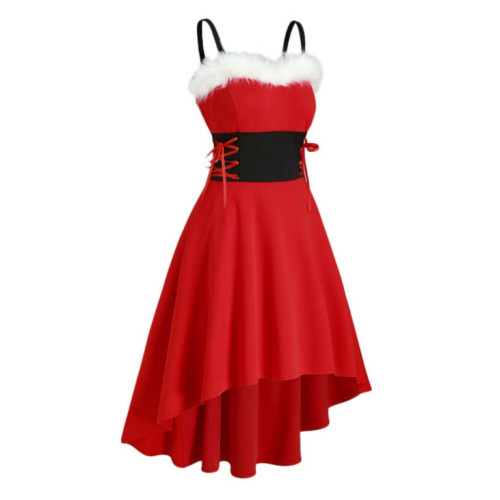 歐美毛毛領拼色系帶收腰聖誕新年聚會派對系吊帶修身不規則連衣裙