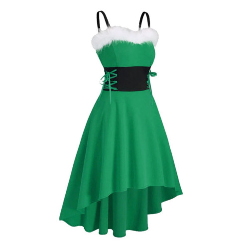 歐美毛毛領拼色系帶收腰聖誕新年聚會派對系吊帶修身不規則連衣裙