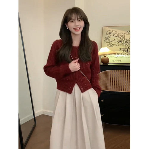 新年紅色毛衣女2026新款秋冬季小個子慵嬾風內搭打底針織開衫上衣