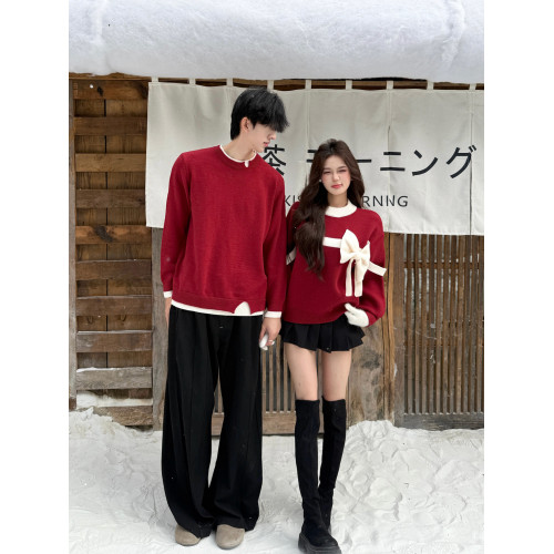 立體蝴蝶結紅色毛衣男女情侶裝秋冬季本命年新年訂婚氛圍感針織衫
