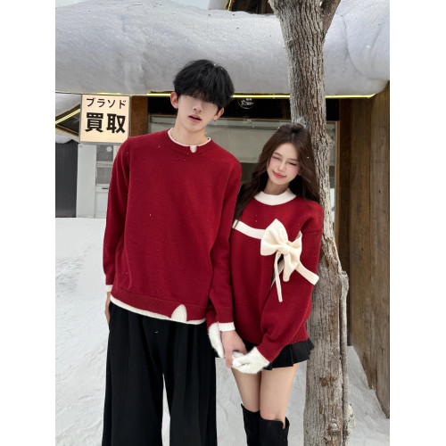 立體蝴蝶結紅色毛衣男女情侶裝秋冬季本命年新年訂婚氛圍感針織衫