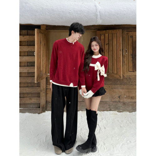 立體蝴蝶結紅色毛衣男女情侶裝秋冬季本命年新年訂婚氛圍感針織衫