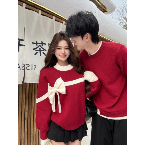 立體蝴蝶結紅色毛衣男女情侶裝秋冬季本命年新年訂婚氛圍感針織衫