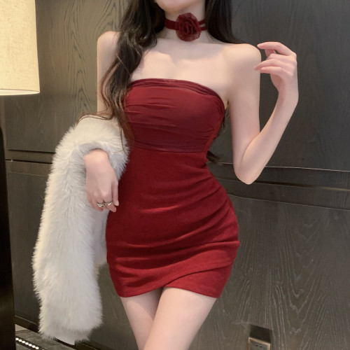 紅色網紗連衣裙女秋冬性感包臀裙帶胸墊聖誕新年戰袍年會抹胸裙子