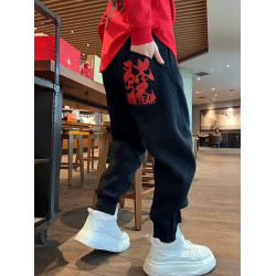 冬季新款新年發財重工刺綉褲腳按釦衛褲男潮流痞帥寬鬆束腳休閒褲