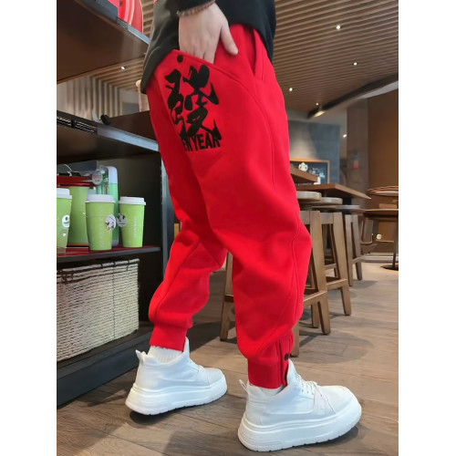 冬季新款新年發財重工刺綉褲腳按釦衛褲男潮流痞帥寬鬆束腳休閒褲