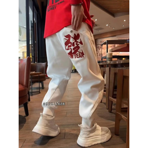 冬季新款新年發財重工刺綉褲腳按釦衛褲男潮流痞帥寬鬆束腳休閒褲