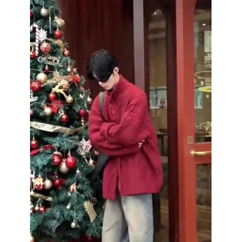 新年紅色毛衣男款新年過年戰袍冬季慵嬾風氛圍感本命年針織衫外套