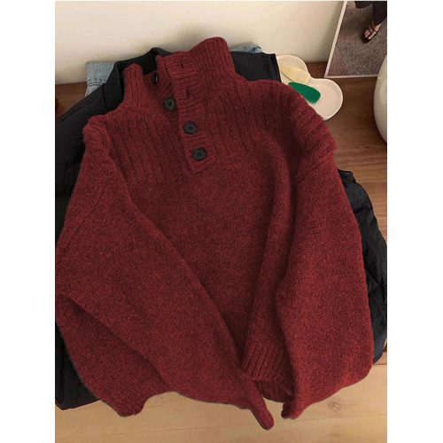 新年紅色繙領毛衣女秋冬季加厚高級感內搭高領針織打底衫polo上衣
