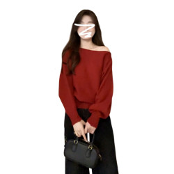 一字肩紅色針織毛衣女2026新款韓系穿搭獨特超好看秋冬季露肩上衣