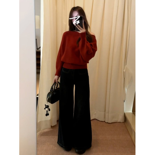 一字肩紅色針織毛衣女2026新款韓系穿搭獨特超好看秋冬季露肩上衣