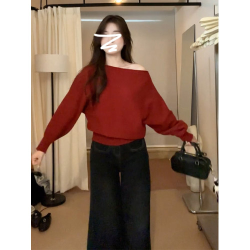 一字肩紅色針織毛衣女2026新款韓系穿搭獨特超好看秋冬季露肩上衣