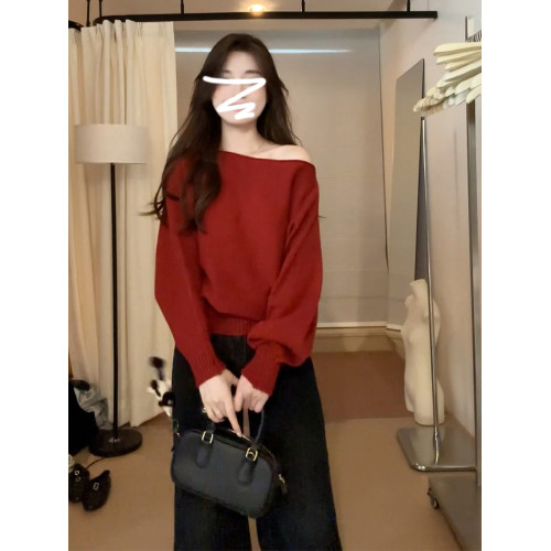 一字肩紅色針織毛衣女2026新款韓系穿搭獨特超好看秋冬季露肩上衣