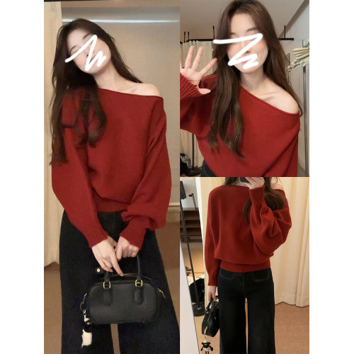 一字肩紅色針織毛衣女2026新款韓系穿搭獨特超好看秋冬季露肩上衣