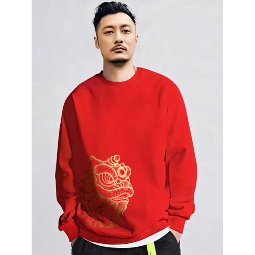 金線舞獅國潮紅色衛衣男圓領寬鬆大碼2026年新款本命年新年上衣