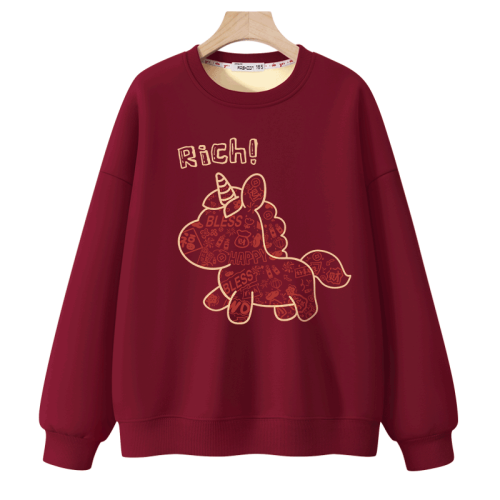 2026馬年過年喜慶圓領本命年新年衣服屬馬酒紅色秋冬加絨衛衣女裝