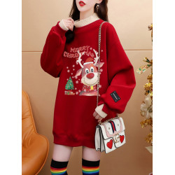 2024新款聖誕節新年紅色衛衣女秋冬季加絨加厚半高領假兩件上衣服