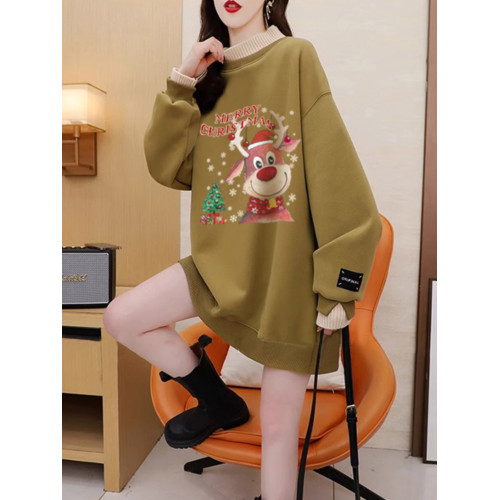 2024新款聖誕節新年紅色衛衣女秋冬季加絨加厚半高領假兩件上衣服