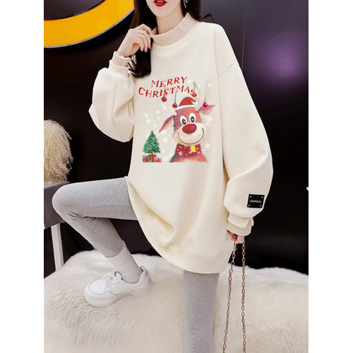 2024新款聖誕節新年紅色衛衣女秋冬季加絨加厚半高領假兩件上衣服