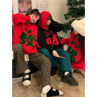 紅色新年發財全家福毛衣女2025龍年閨蜜情侶裝國潮氛圍感拜年毛衣