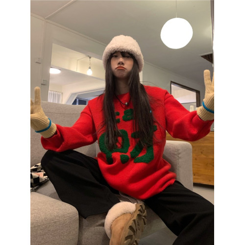 紅色新年發財全家福毛衣女2025龍年閨蜜情侶裝國潮氛圍感拜年毛衣