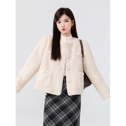 羊城故事 小香風杏色圓領羊羔毛外套女秋季新款顯瘦高級氣質上衣