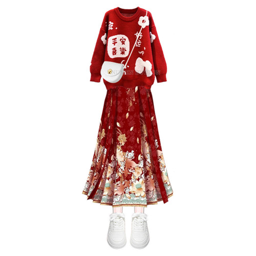 大碼女春裝新年套裝胖mm小香風過年紅色針織毛衣國風馬面裙兩件套