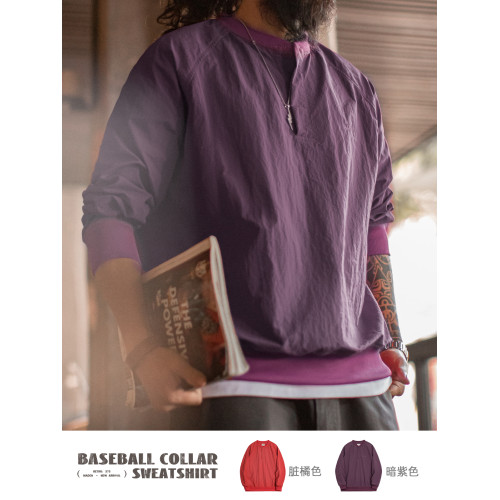 馬登工裝 美式復古棒球領衛衣新年紅色上衣寬鬆套頭衫圓領T恤男春