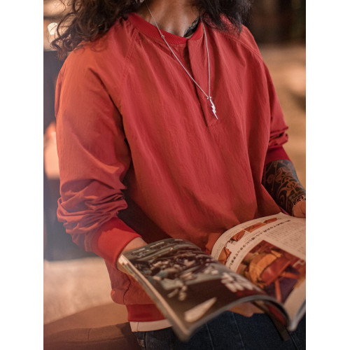 馬登工裝 美式復古棒球領衛衣新年紅色上衣寬鬆套頭衫圓領T恤男春