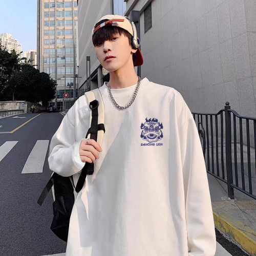 國潮牌純棉260g重磅束口內搭t恤春秋款寬鬆新年ins透氣打底長袖男