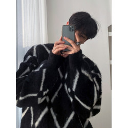 圓領毛絨格子毛衣男秋冬潮流寬鬆毛線衣情侶款紅色新年針織衫外套