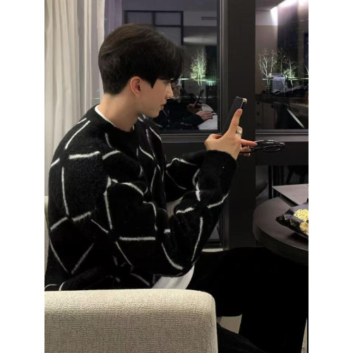 圓領毛絨格子毛衣男秋冬潮流寬鬆毛線衣情侶款紅色新年針織衫外套