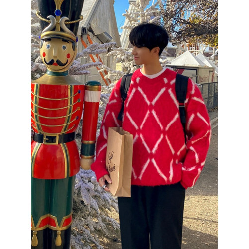 圓領毛絨格子毛衣男秋冬潮流寬鬆毛線衣情侶款紅色新年針織衫外套