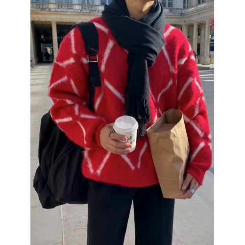 圓領毛絨格子毛衣男秋冬潮流寬鬆毛線衣情侶款紅色新年針織衫外套