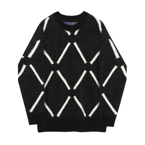 圓領毛絨格子毛衣男秋冬潮流寬鬆毛線衣情侶款紅色新年針織衫外套