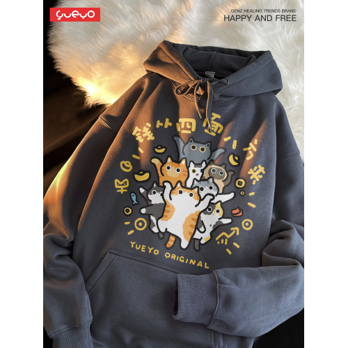 悅遊 錢從四面八方來 秋冬加絨連帽衛衣男潮流原創紅色貓咪新年