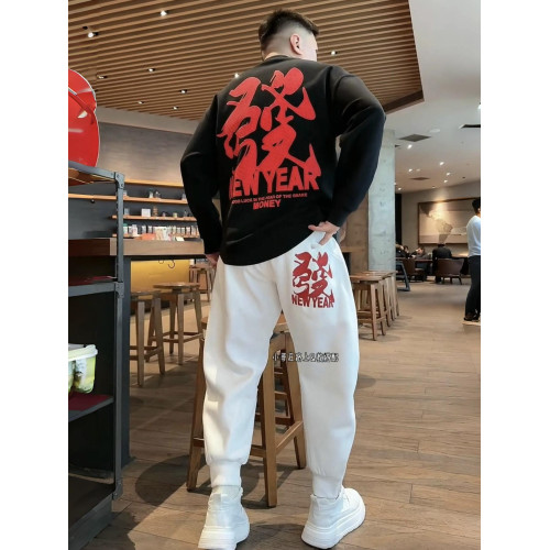 冬季國潮新年發財刺綉休閒套裝男高級帥氣情侶衛衣衛褲運動兩件套