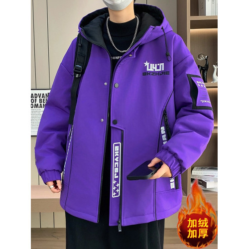 紅色本命年外套男秋冬款青少年加絨加厚夾克潮牌拼色保暖派克棉服