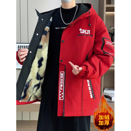 紅色本命年外套男秋冬款青少年加絨加厚夾克潮牌拼色保暖派克棉服