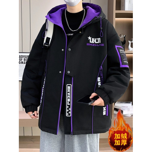 紅色本命年外套男秋冬款青少年加絨加厚夾克潮牌拼色保暖派克棉服