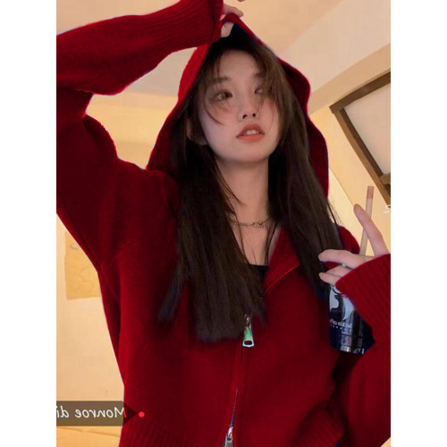 新年紅色小香風女裝連帽衛衣秋冬新款百搭外穿針織開衫毛衣外套潮